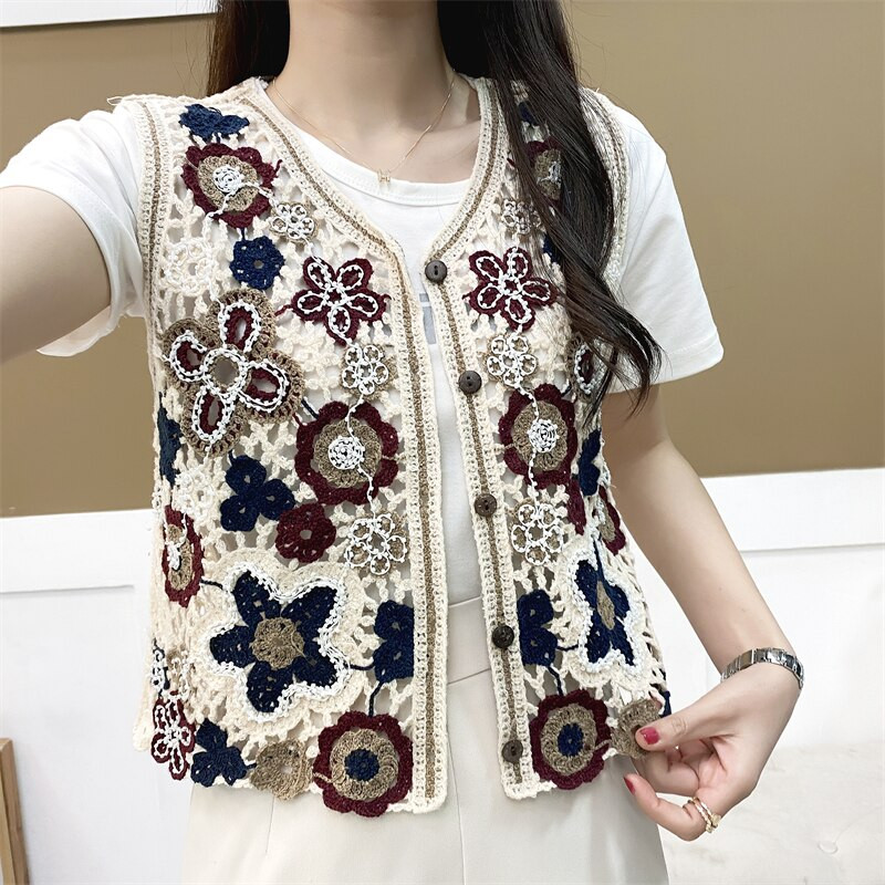 Sieviešu V-veida kakla izgriezums ar vienrindu izšuvumu trikotāžas džemperis veste īsa veste bez piedurknēm jaka Boho vintage Outwear Crop Top