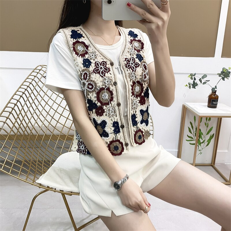 Sieviešu V-veida kakla izgriezums ar vienrindu izšuvumu trikotāžas džemperis veste īsa veste bez piedurknēm jaka Boho vintage Outwear Crop Top