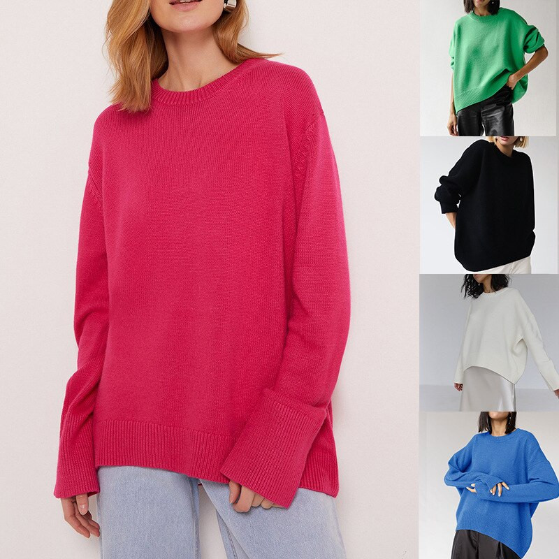 Ležerni ženski pulover dugih rukava Pleteni nepravilni puloveri s O-izrezom Labavi, jednobojni, mekani, debeli, topli ženski, prikladni za sve