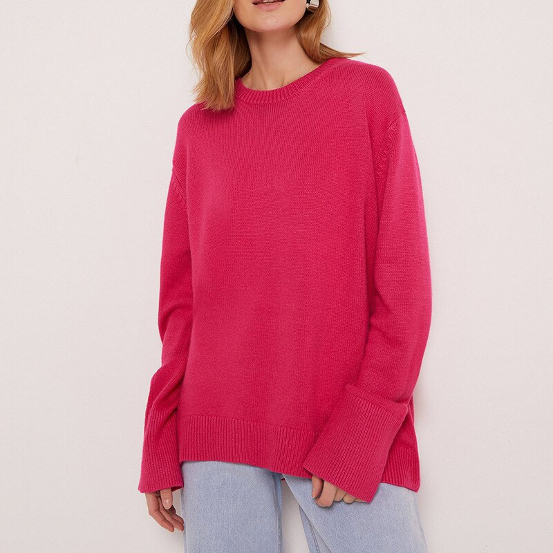 Ležerni ženski pulover dugih rukava Pleteni nepravilni puloveri s O-izrezom Labavi, jednobojni, mekani, debeli, topli ženski, prikladni za sve