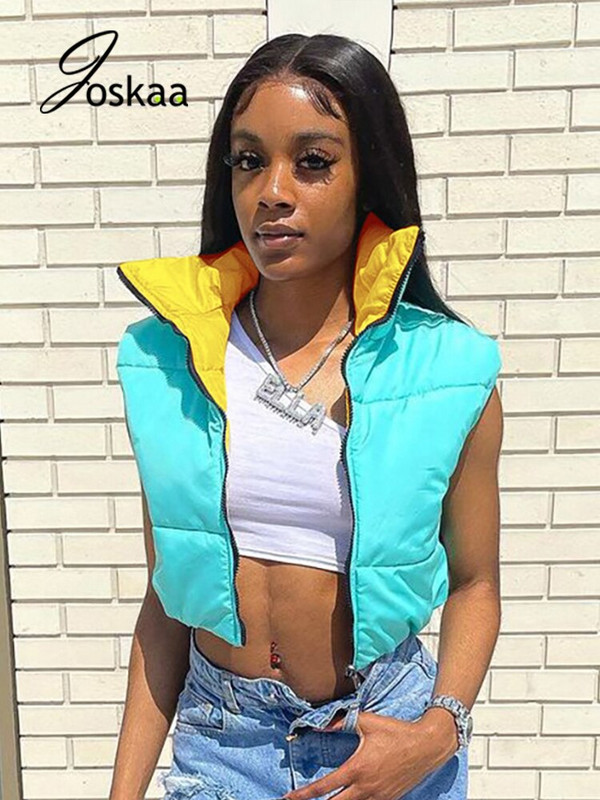 Joskaa Contrast Χρώμα Crop Tank Tops διπλής όψης Γυναικεία μοδάτα αμάνικα μπουφάν με φερμουάρ Φθινόπωρο Χειμώνας 2021 Casual ζεστά γιλέκα