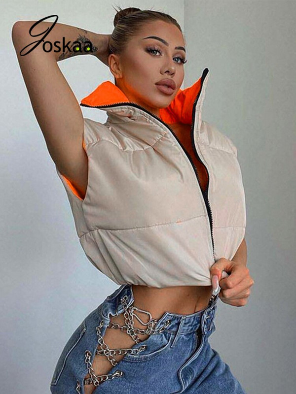 Joskaa Contrast Χρώμα Crop Tank Tops διπλής όψης Γυναικεία μοδάτα αμάνικα μπουφάν με φερμουάρ Φθινόπωρο Χειμώνας 2021 Casual ζεστά γιλέκα
