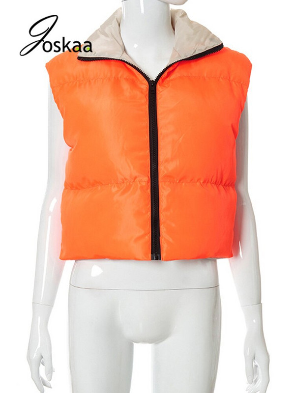 Joskaa Contrast Χρώμα Crop Tank Tops διπλής όψης Γυναικεία μοδάτα αμάνικα μπουφάν με φερμουάρ Φθινόπωρο Χειμώνας 2021 Casual ζεστά γιλέκα