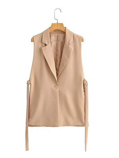 TRAF sieviešu 2021. gada modes vienkrāsains, brīvs, sānu šķēlums, temperamenta, brīvs, vienas pogas uzvalka apkakle, bezpiedurkņu veste ielas apģērbs