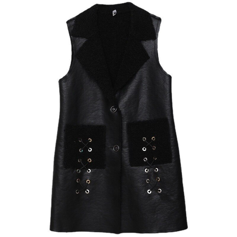 Rudens ziema sieviešu jēra vilnas salaiduma ādas veste jaka Jauna korejiešu modes bezpiedurkņu jaka veste Sieviešu virsdrēbes mēteļi