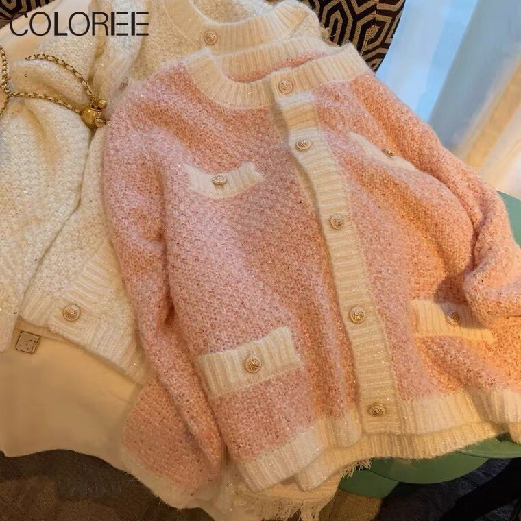 Ροζ Μπλε Λευκή Πλεκτή Ζακέτα Γυναικεία 2022 Κορεάτικη μόδα Πλεκτό Πλεκτό Πλεκτό Πουλόβερ με λαιμόκοψη σε Ο, Φθινοπωρινό χειμωνιάτικο παλτό