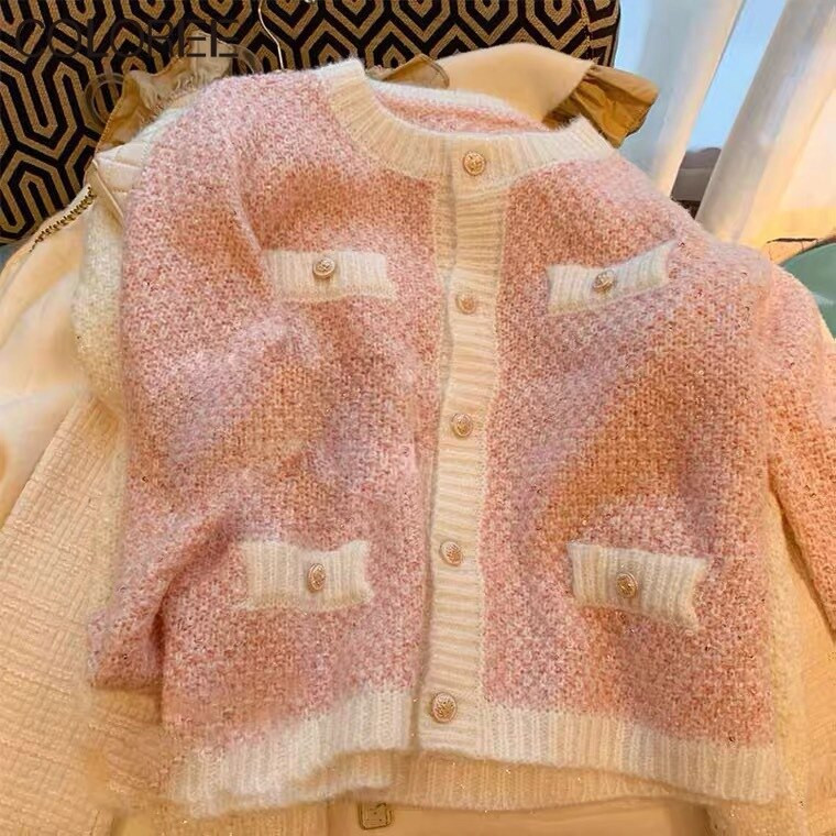 Ροζ Μπλε Λευκή Πλεκτή Ζακέτα Γυναικεία 2022 Κορεάτικη μόδα Πλεκτό Πλεκτό Πλεκτό Πουλόβερ με λαιμόκοψη σε Ο, Φθινοπωρινό χειμωνιάτικο παλτό