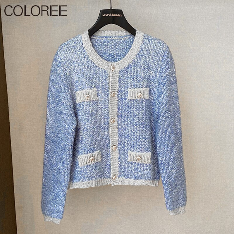 Ροζ Μπλε Λευκή Πλεκτή Ζακέτα Γυναικεία 2022 Κορεάτικη μόδα Πλεκτό Πλεκτό Πλεκτό Πουλόβερ με λαιμόκοψη σε Ο, Φθινοπωρινό χειμωνιάτικο παλτό