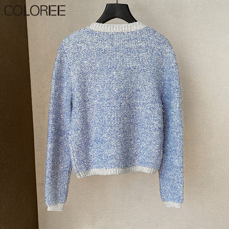 Ροζ Μπλε Λευκή Πλεκτή Ζακέτα Γυναικεία 2022 Κορεάτικη μόδα Πλεκτό Πλεκτό Πλεκτό Πουλόβερ με λαιμόκοψη σε Ο, Φθινοπωρινό χειμωνιάτικο παλτό