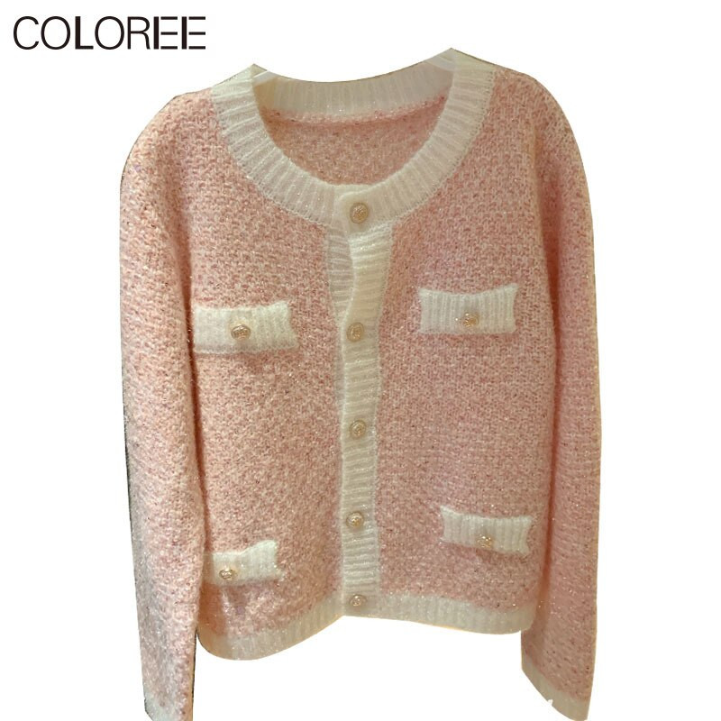 Ροζ Μπλε Λευκή Πλεκτή Ζακέτα Γυναικεία 2022 Κορεάτικη μόδα Πλεκτό Πλεκτό Πλεκτό Πουλόβερ με λαιμόκοψη σε Ο, Φθινοπωρινό χειμωνιάτικο παλτό