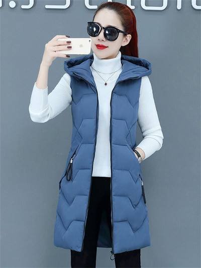 Sieviešu veste, zaļa, gara, slaida, maza meiteņu veste bez piedurknēm, 2022. gada rudens ziema, jauni korejiešu studenti, zili kokvilnas mēteļi ar kapuci