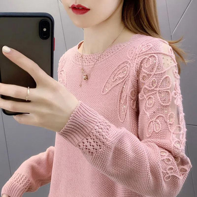 Dobu mežģīņu trikotāžas džemperis, sieviešu izdilis krekls, elegants mētelis pavasara un rudens brīvām garām piedurknēm vairumtirdzniecība