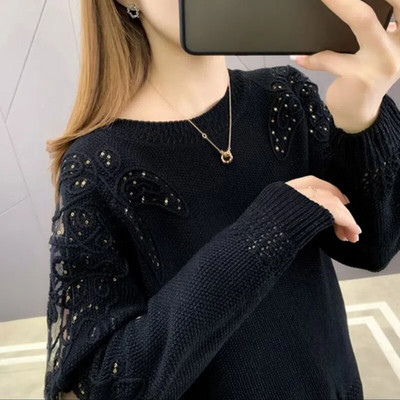 Dobu mežģīņu trikotāžas džemperis, sieviešu izdilis krekls, elegants mētelis pavasara un rudens brīvām garām piedurknēm vairumtirdzniecība