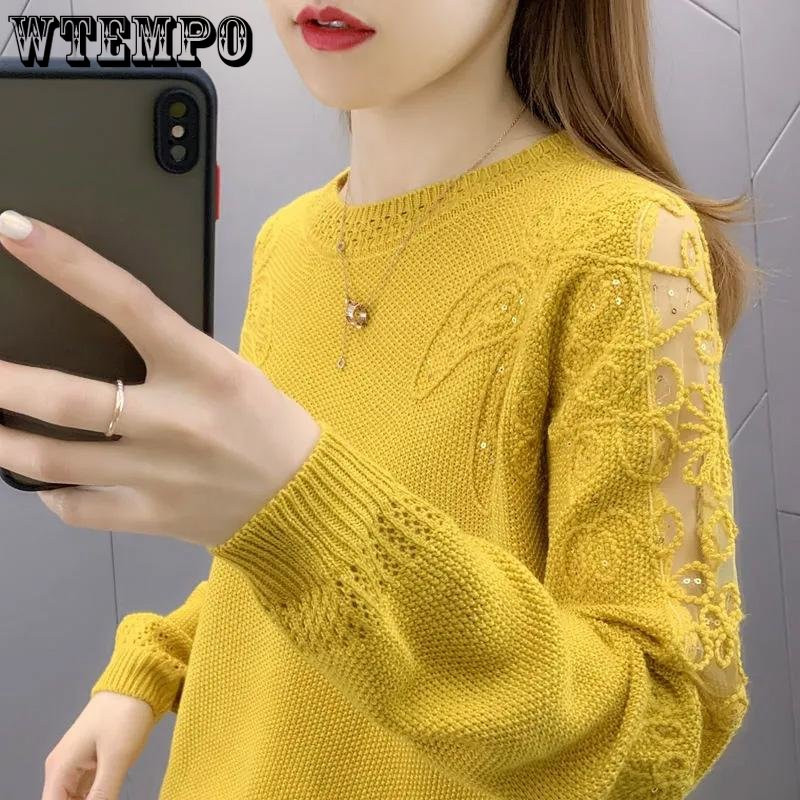 Dobu mežģīņu trikotāžas džemperis, sieviešu izdilis krekls, elegants mētelis pavasara un rudens brīvām garām piedurknēm vairumtirdzniecība