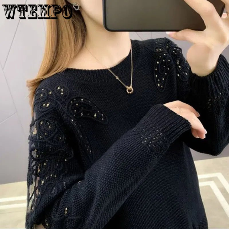 Dobu mežģīņu trikotāžas džemperis, sieviešu izdilis krekls, elegants mētelis pavasara un rudens brīvām garām piedurknēm vairumtirdzniecība