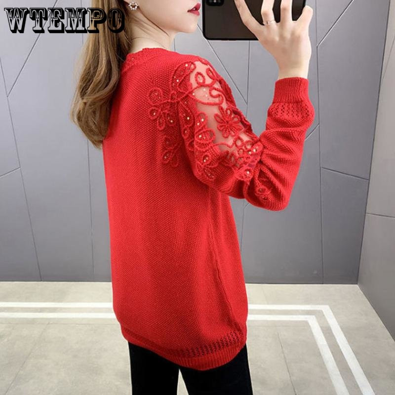 Dobu mežģīņu trikotāžas džemperis, sieviešu izdilis krekls, elegants mētelis pavasara un rudens brīvām garām piedurknēm vairumtirdzniecība