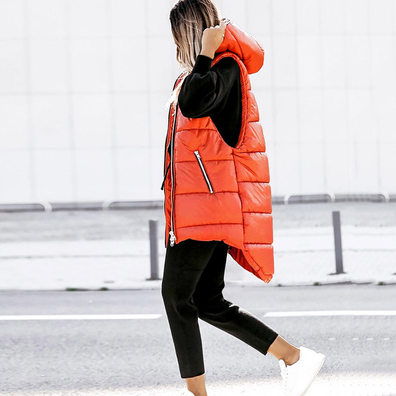 Sieviešu garā ziemas mēteļa veste ar kapuci Bez piedurknēm siltais dūnu mētelis ar kabatām Stepēta veste dūnu jaka Stepēta āra jaka