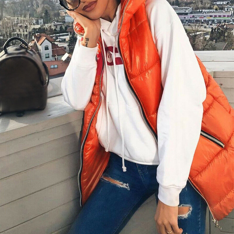 Sieviešu garā ziemas mēteļa veste ar kapuci Bez piedurknēm siltais dūnu mētelis ar kabatām Stepēta veste dūnu jaka Stepēta āra jaka