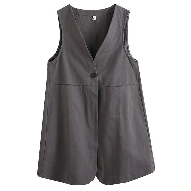 Kokvilnas lina veste sieviešu veste Jauna pavasara vasaras brīva V veida kakla veste bez piedurknēm, gara pelēka melna ikdienas veste sieviešu jaka