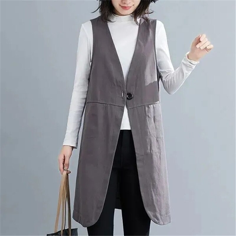 Kokvilnas lina veste sieviešu veste Jauna pavasara vasaras brīva V veida kakla veste bez piedurknēm, gara pelēka melna ikdienas veste sieviešu jaka