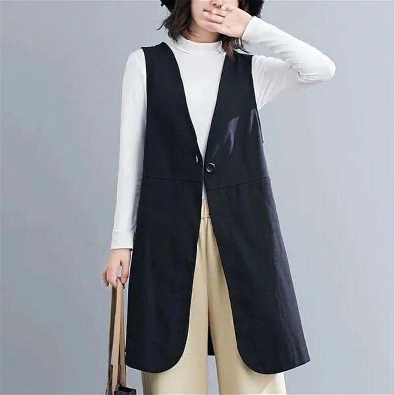 Kokvilnas lina veste sieviešu veste Jauna pavasara vasaras brīva V veida kakla veste bez piedurknēm, gara pelēka melna ikdienas veste sieviešu jaka