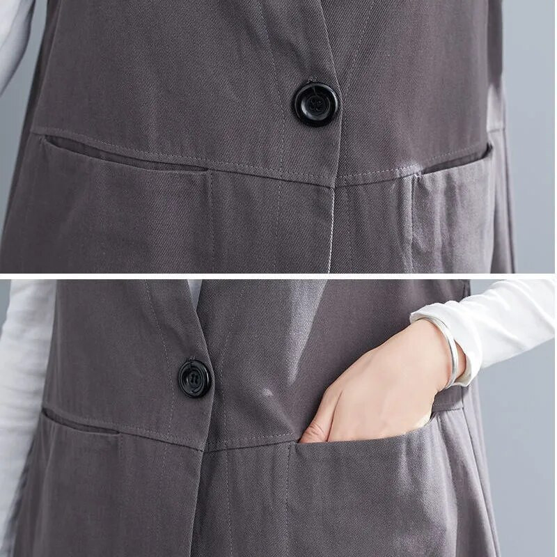 Kokvilnas lina veste sieviešu veste Jauna pavasara vasaras brīva V veida kakla veste bez piedurknēm, gara pelēka melna ikdienas veste sieviešu jaka