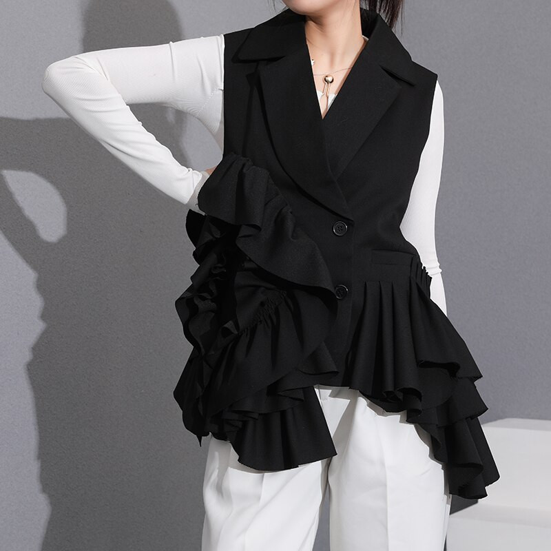 [EWQ] Φθινόπωρο 2022 Νέα Εξωτερικά Σχέδια Σχέδια Βολάν Μοντέρνα Φαρδιά Μόδα Μαύρο Μπλέιζερ Γυναικεία Ρουτσέ casual παλτό