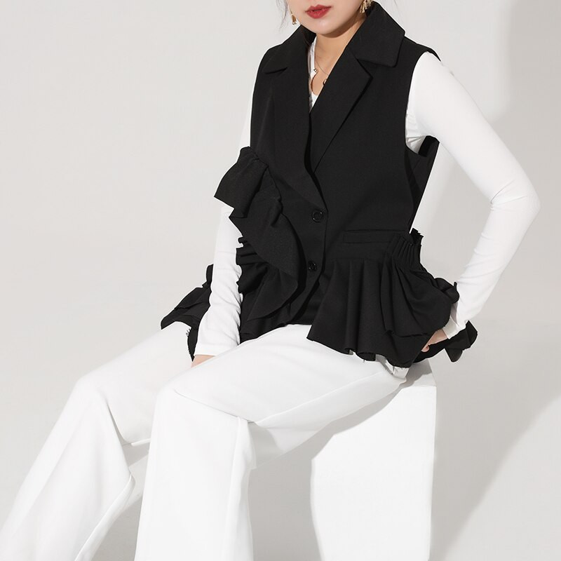 [EWQ] Φθινόπωρο 2022 Νέα Εξωτερικά Σχέδια Σχέδια Βολάν Μοντέρνα Φαρδιά Μόδα Μαύρο Μπλέιζερ Γυναικεία Ρουτσέ casual παλτό