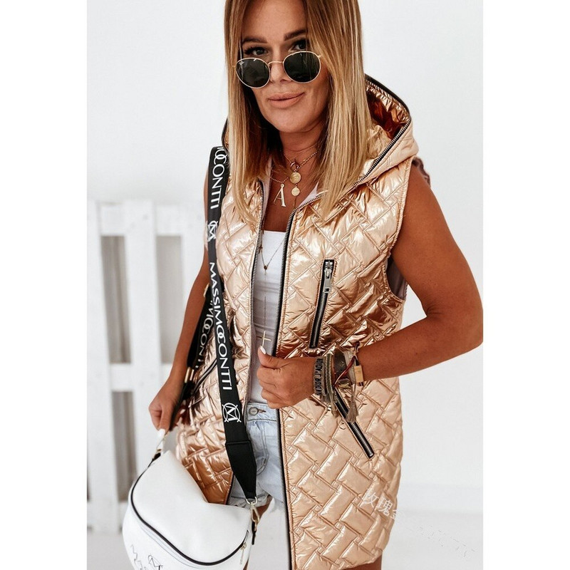 Lugentolo Γυαλιστερό χειμερινό γιλέκο Γυναικείο αμάνικο μπουφάν με κουκούλα με φερμουάρ τσέπη Streetwear γιλέκο Γυναικείο