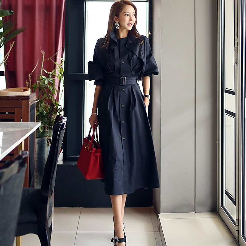 Sieviešu korejiešu eleganti svārki, garais mētelis, 2022. gada skrejceļa modes rudens, vējjaka ar vienrindu, ikdienas apkakles augšdaļa