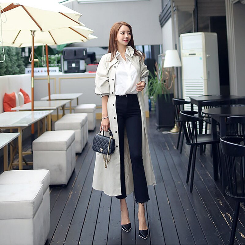 Sieviešu korejiešu eleganti svārki, garais mētelis, 2022. gada skrejceļa modes rudens, vējjaka ar vienrindu, ikdienas apkakles augšdaļa