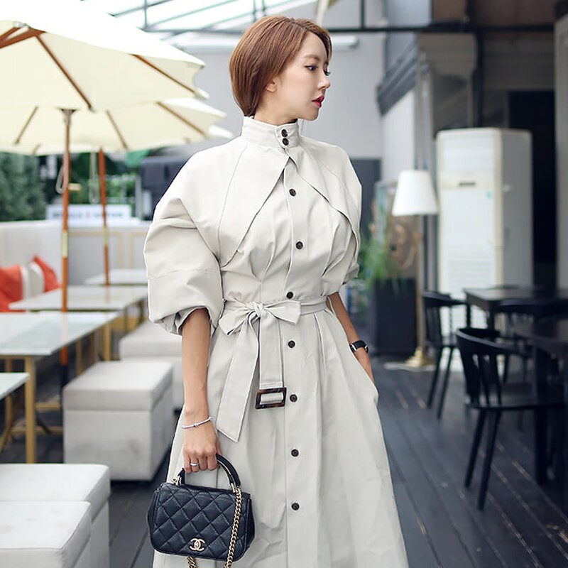 Sieviešu korejiešu eleganti svārki, garais mētelis, 2022. gada skrejceļa modes rudens, vējjaka ar vienrindu, ikdienas apkakles augšdaļa