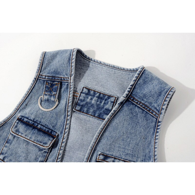 Καλοκαιρινή Νέα Κορεάτικη Μόδα Μεγάλη τσέπη κοντό τζιν γιλέκο Γυναικείο casual πλυμένο μπλε γιλέκο Αμάνικο μπουφάν Τζιν γιλέκα Γυναικείο