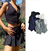 Sieviešu svītrains veste uzvalks veste Sieviešu veste ar V veida kakla izgriezumu Karjeras topi Biroja formāls darba apģērbs Elegants OL Virsdrēbes Fall Mujer