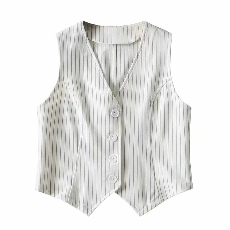 Sieviešu svītrains veste uzvalks veste Sieviešu veste ar V veida kakla izgriezumu Karjeras topi Biroja formāls darba apģērbs Elegants OL Virsdrēbes Fall Mujer