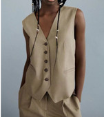 Sieviešu uzvalks, veste ar V kakla izgriezumu, brīva ikdienas jaka bez piedurknēm, lina auduma, vienrindas veste izklaides ballītei