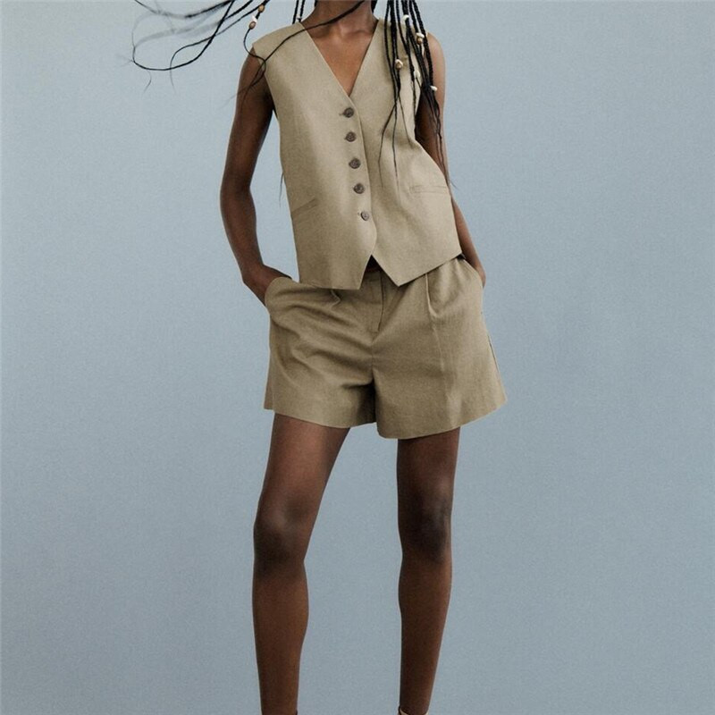 Sieviešu uzvalks, veste ar V kakla izgriezumu, brīva ikdienas jaka bez piedurknēm, lina auduma, vienrindas veste izklaides ballītei