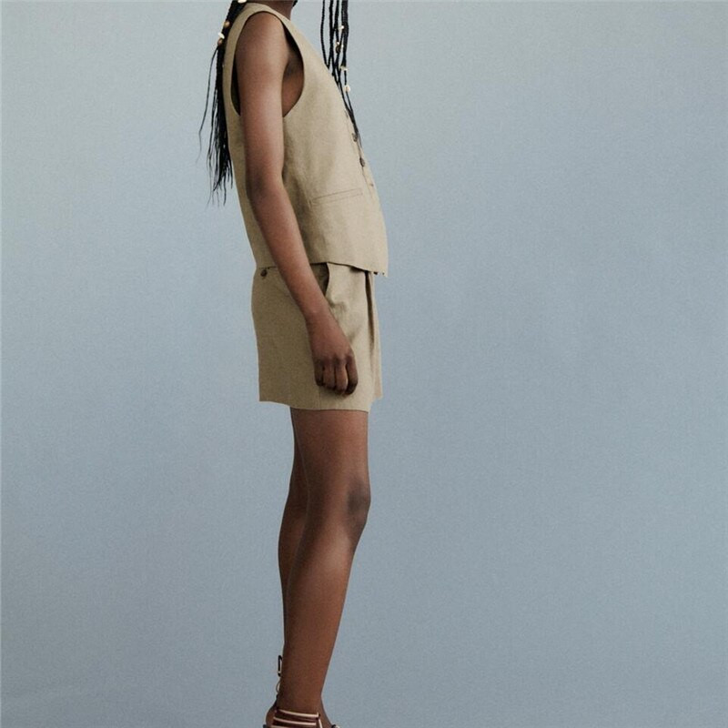 Sieviešu uzvalks, veste ar V kakla izgriezumu, brīva ikdienas jaka bez piedurknēm, lina auduma, vienrindas veste izklaides ballītei