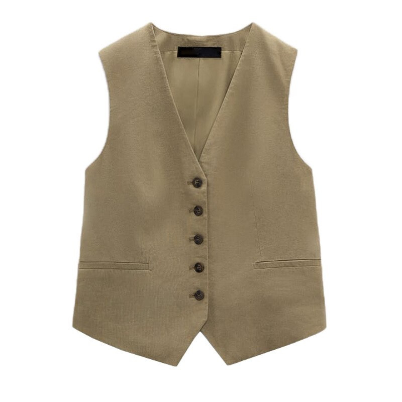 Sieviešu uzvalks, veste ar V kakla izgriezumu, brīva ikdienas jaka bez piedurknēm, lina auduma, vienrindas veste izklaides ballītei