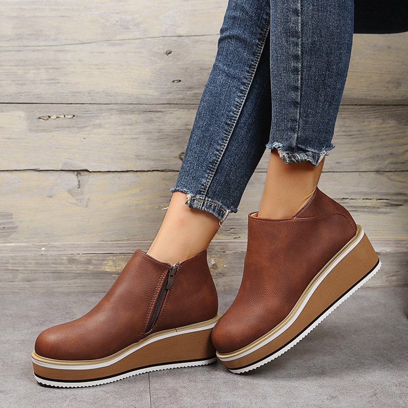 Γυναικείες φθινοπωρινές μπότες με στρογγυλά δάχτυλα Άνετα παπούτσια πλατφόρμας Αντιολισθητικές casual γυναικείες μπότες με φερμουάρ στο πλάι Ρετρό Γυναικείο Mujer Zapatos