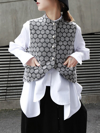 [EAM] 2022. Novi proljetno-ljeto samostojeći ovratnik bez rukava Jacquard nepravilan biserni porub s džepovima Široki prsluk Ženska moda Tide JO196