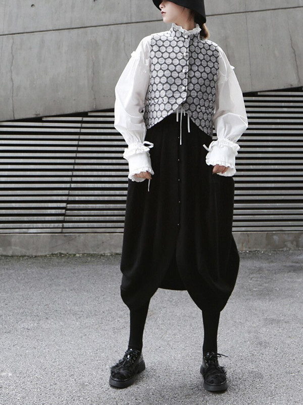 [EAM] 2022. Novi proljetno-ljeto samostojeći ovratnik bez rukava Jacquard nepravilan biserni porub s džepovima Široki prsluk Ženska moda Tide JO196