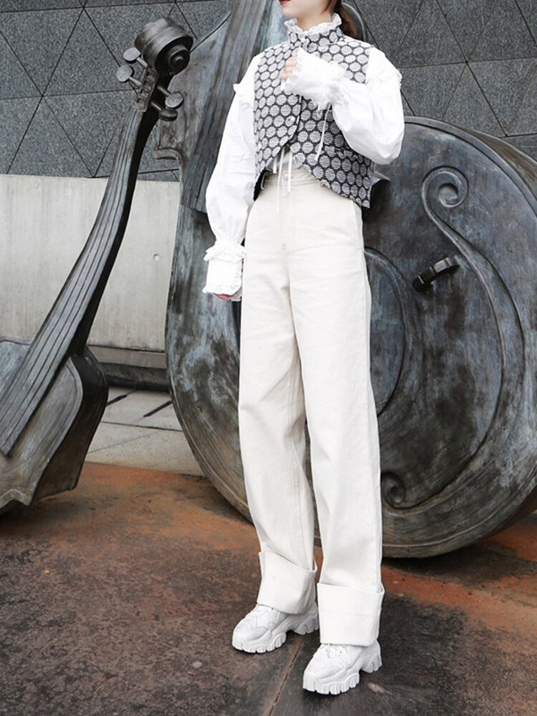 [EAM] 2022. Novi proljetno-ljeto samostojeći ovratnik bez rukava Jacquard nepravilan biserni porub s džepovima Široki prsluk Ženska moda Tide JO196