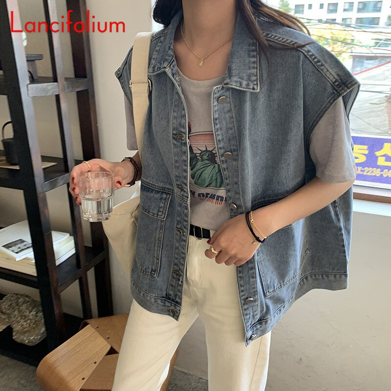 Preveliki plavi traper prsluk Ženska vintage 2022. LOSOBNA korejska crna BF Cargo Basic jakna bez rukava HarajukuTank Top Jeans