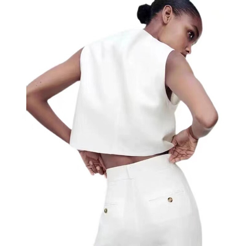 Sieviešu veste vienkrāsaina vienkrāsaina, brīva temperamenta, vienrindas ielas stila jaka bez piedurknēm