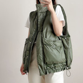 2021 Λευκό πουπουλένιο χειμερινό γιλέκο Γυναικείο μονόχρωμο, μεγάλες τσέπες Γυναικείο αμάνικο μπουφάν με φερμουάρ Ζεστό μοδάτο γιλέκο για γυναίκες