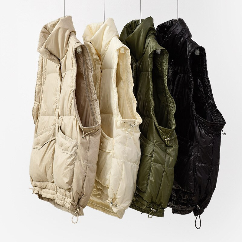 2021 Λευκό πουπουλένιο χειμερινό γιλέκο Γυναικείο μονόχρωμο, μεγάλες τσέπες Γυναικείο αμάνικο μπουφάν με φερμουάρ Ζεστό μοδάτο γιλέκο για γυναίκες