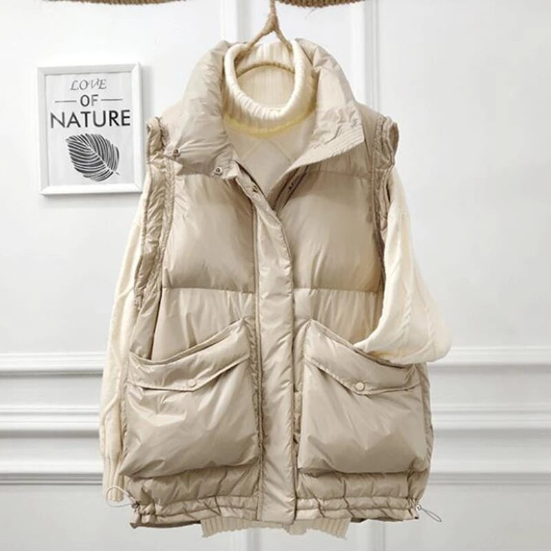 2021 Λευκό πουπουλένιο χειμερινό γιλέκο Γυναικείο μονόχρωμο, μεγάλες τσέπες Γυναικείο αμάνικο μπουφάν με φερμουάρ Ζεστό μοδάτο γιλέκο για γυναίκες