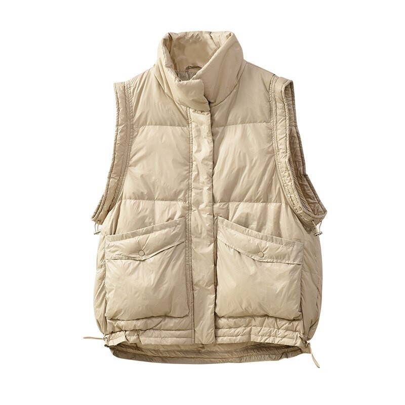 2021 Λευκό πουπουλένιο χειμερινό γιλέκο Γυναικείο μονόχρωμο, μεγάλες τσέπες Γυναικείο αμάνικο μπουφάν με φερμουάρ Ζεστό μοδάτο γιλέκο για γυναίκες