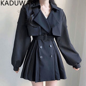 Ζώνη γιακά με διπλό στήθος, λεπτή μέση με πλισέ, μακρυμάνικο αντιανεμικό μπουφάν Κορεατικά κομψά φαρδιά μπλουζάκια